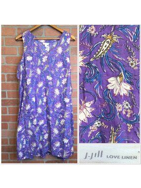 J Jill Love Linen Summer Dress Floral Sleeveless Purple Midi Size L